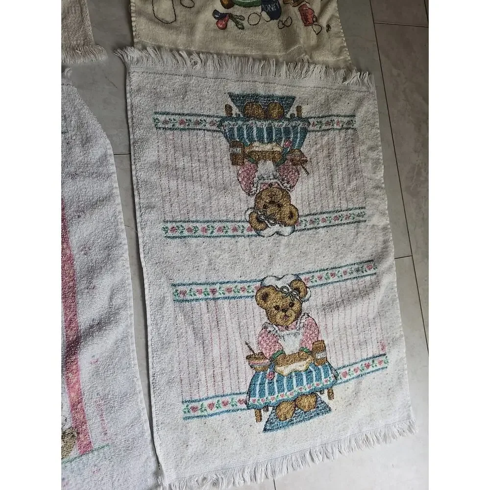 Lot of 5 Vintage Teddy‎ Bear Absorbent Soft Thin Cottagecore Fringe Hand Towels